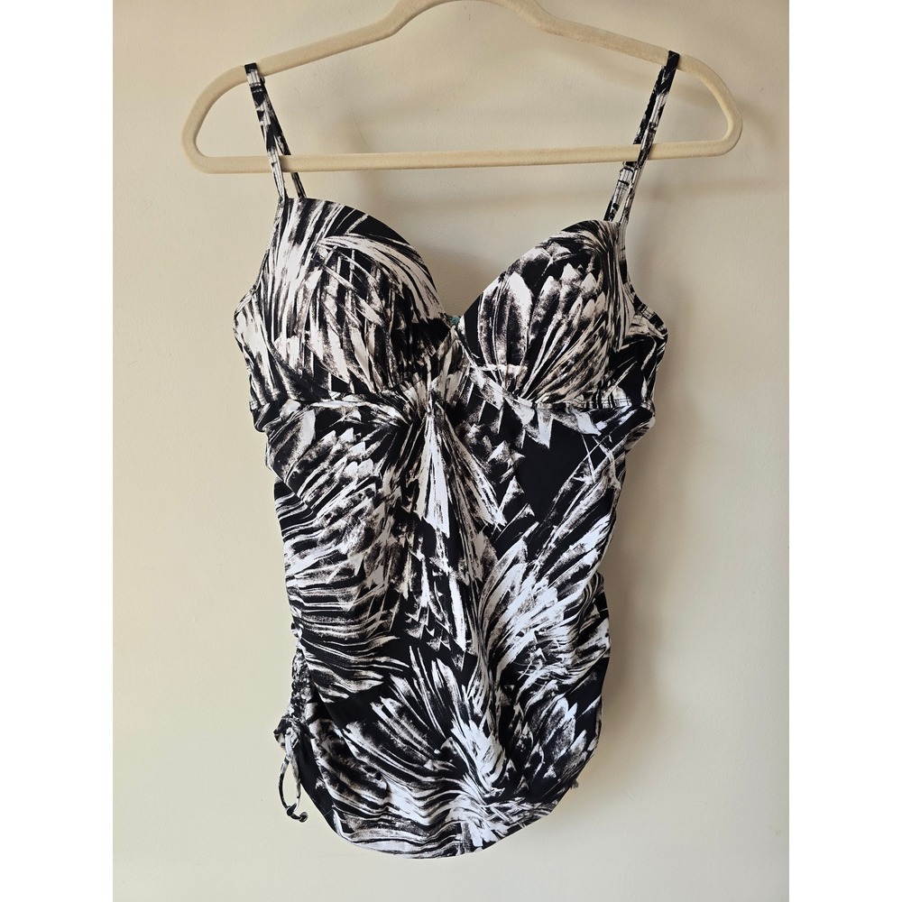 Spanx Assets Black White Palm Print Tankini Top XL Underwire Ruched - Picture 2 of 8